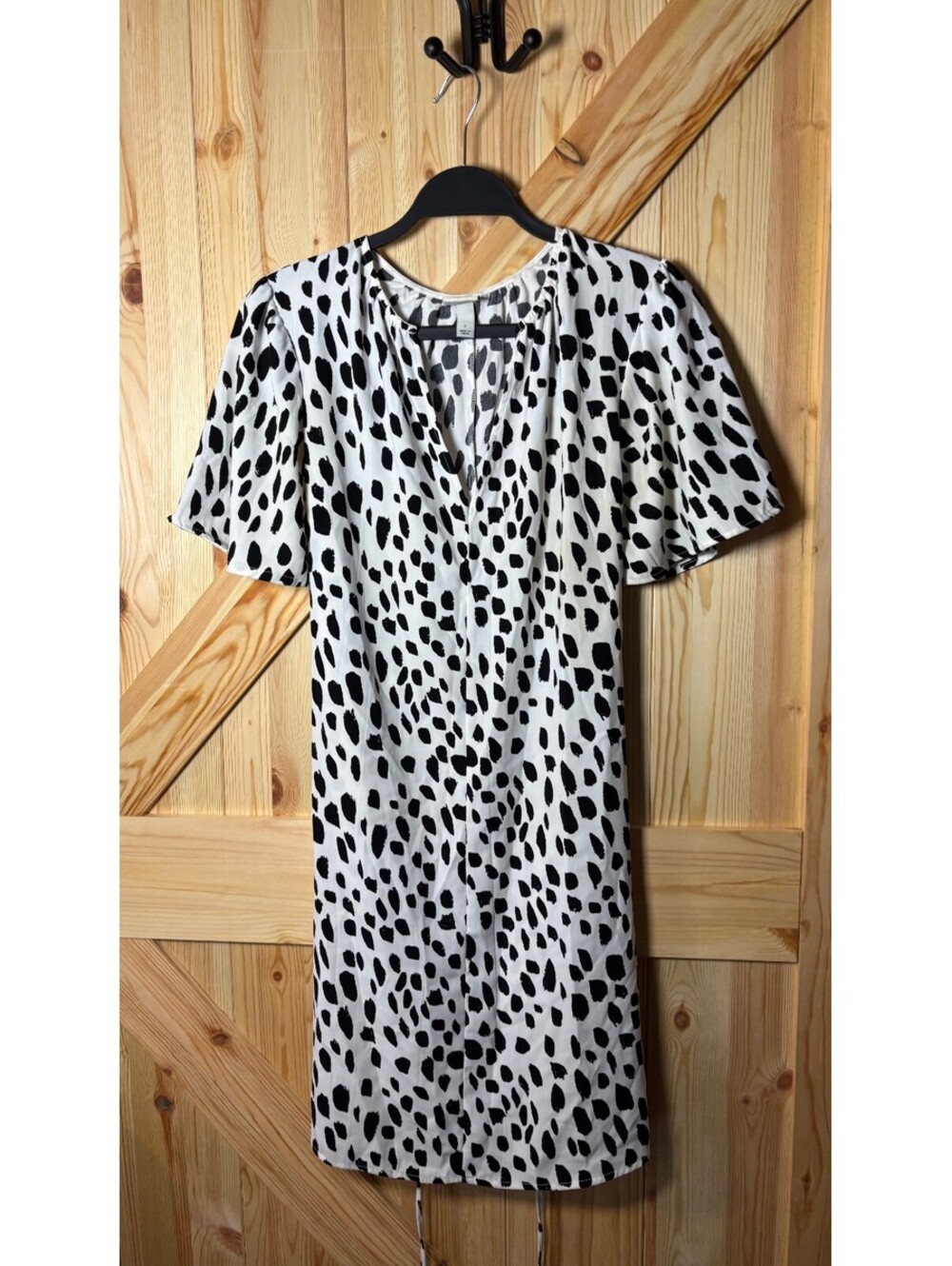 A New Day Black and White Patterned Dress with Tassel Tie Belt, Size S